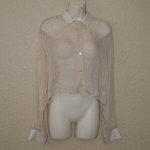 Sz S Sablyn Beige Silk Button Down Cropped  Long Sleeve Blouse